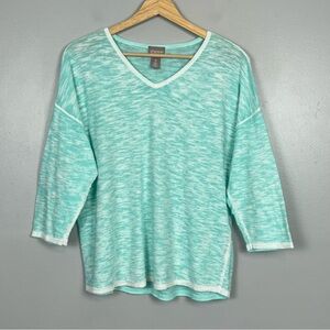 Chico’s aqua & white 100% cotton knit lightweight drop sleeve top, large.